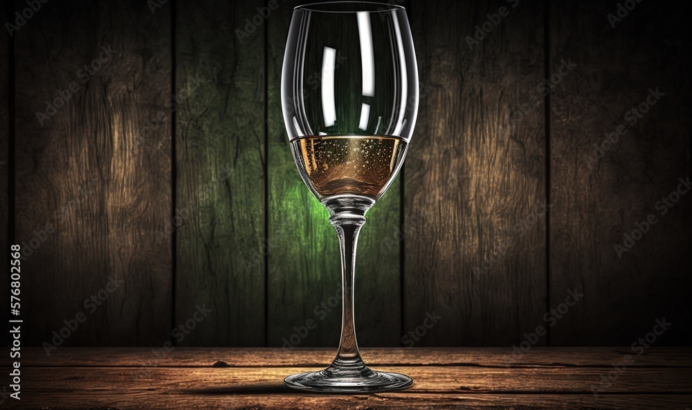  a glass of wine sitting on top of a wooden table next to a wooden wall with a green light shining o