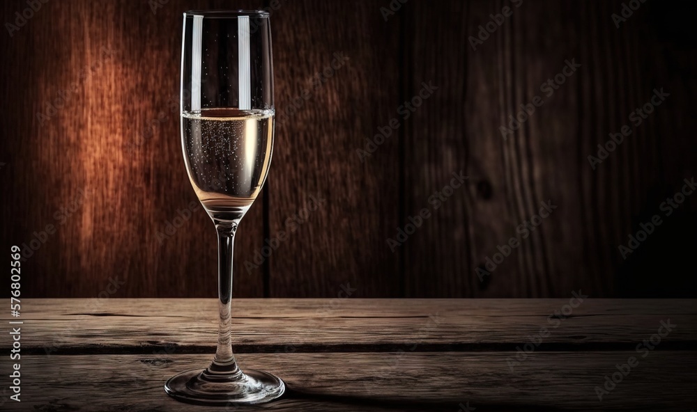  a glass of wine on a wooden table with a dark background and a light shining on the side of the gla