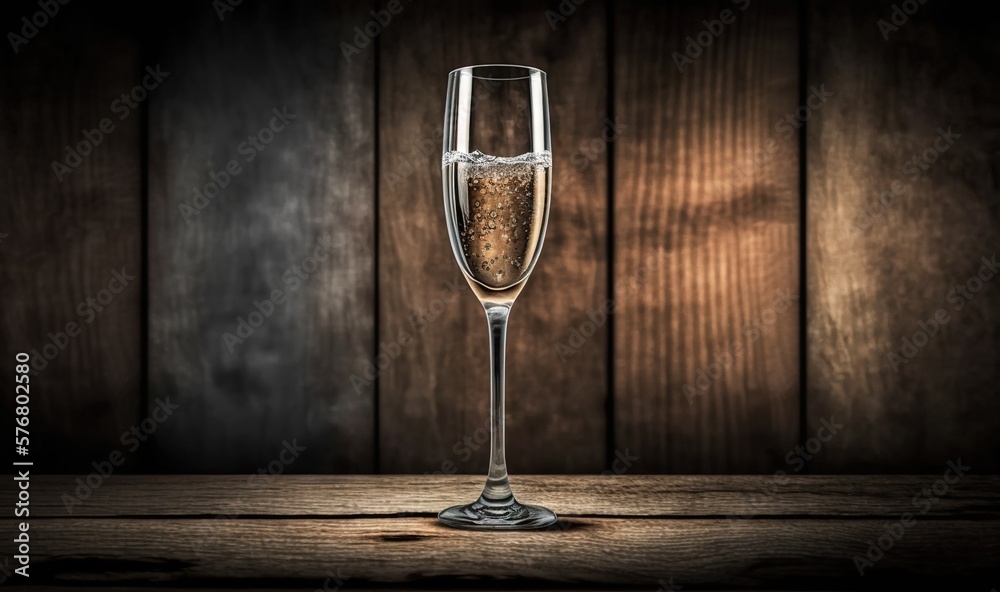  a glass of champagne sitting on top of a wooden table next to a wooden wall with a light shining on