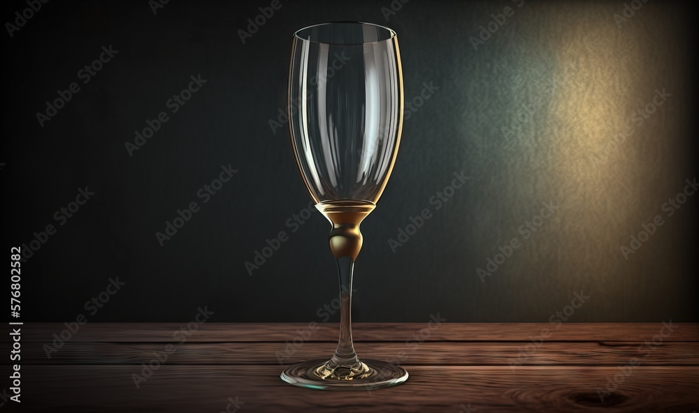  a glass of champagne on a wooden table in a dark room with a light shining on the wall behind it an