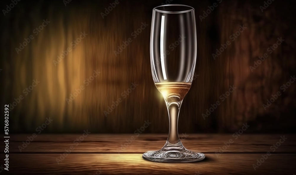  a wine glass sitting on top of a wooden table next to a wooden wall and a light shining on the glas