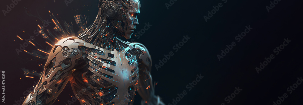 Female android portrait of artificial intelligence avatar. Wires and tech pieces on cyborg head. Gen