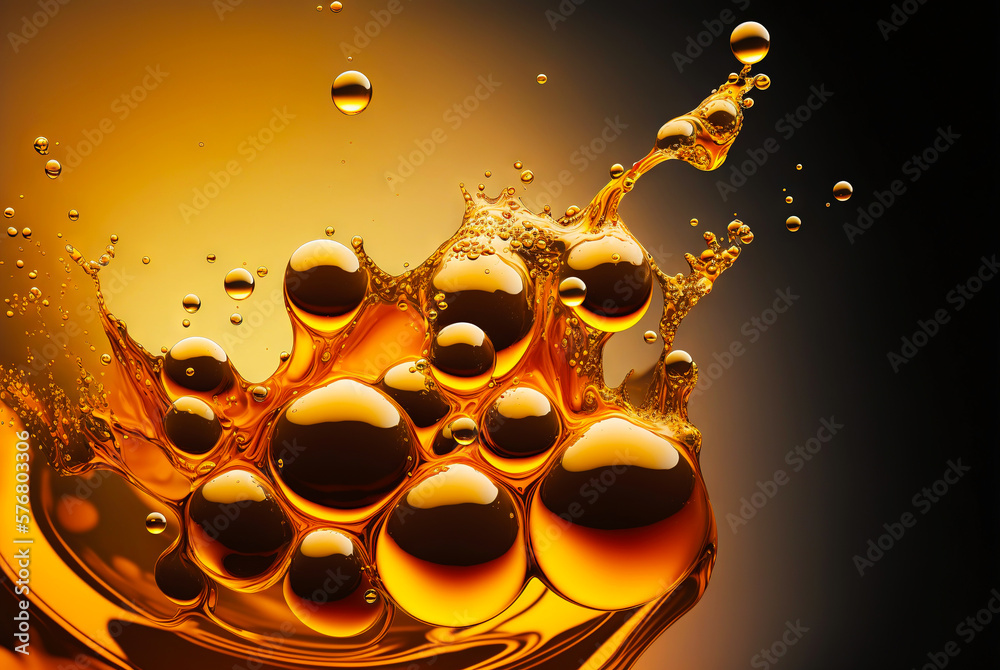 Golden bubbles of honey, oil, beer or juice. Macro of fluid flow. Generative AI