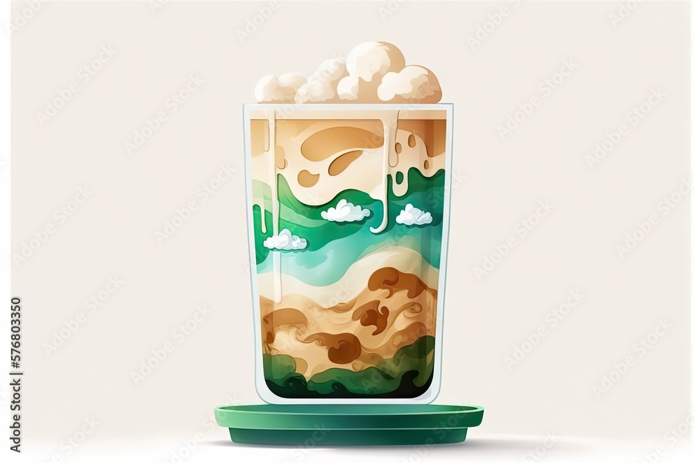 Cold brew iced latte in a plastic 16 oz. glass, with the milk at the bottom and the coffee on top, o