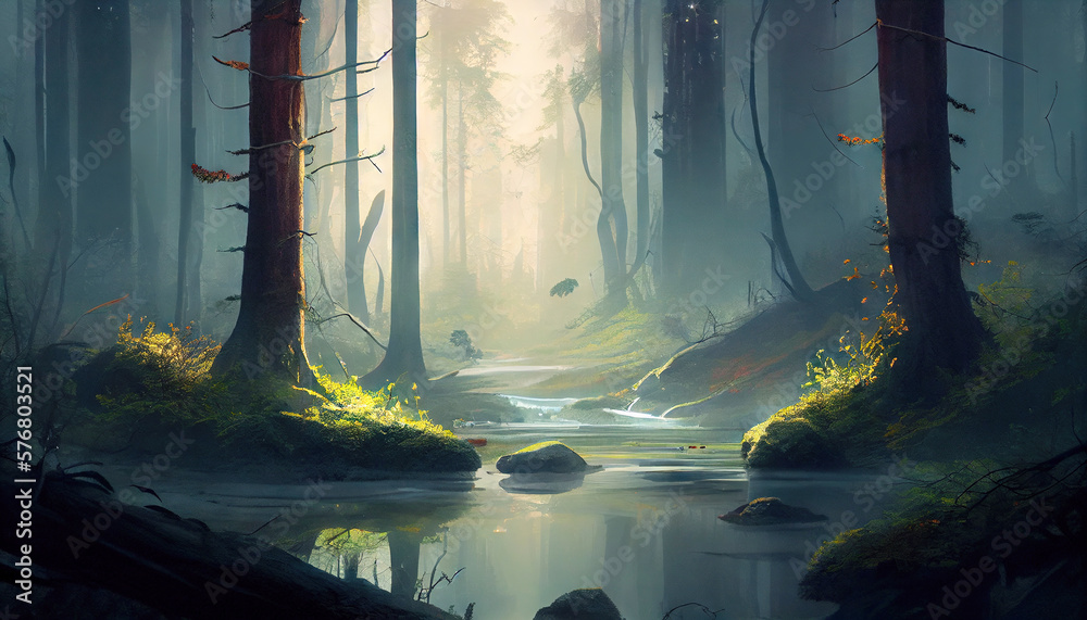 Misty forest with trees and water stream. Fairy world. Generative AI