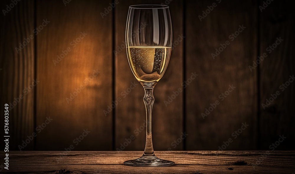  a glass of wine sitting on top of a wooden table next to a wooden wall with a light shining on the 