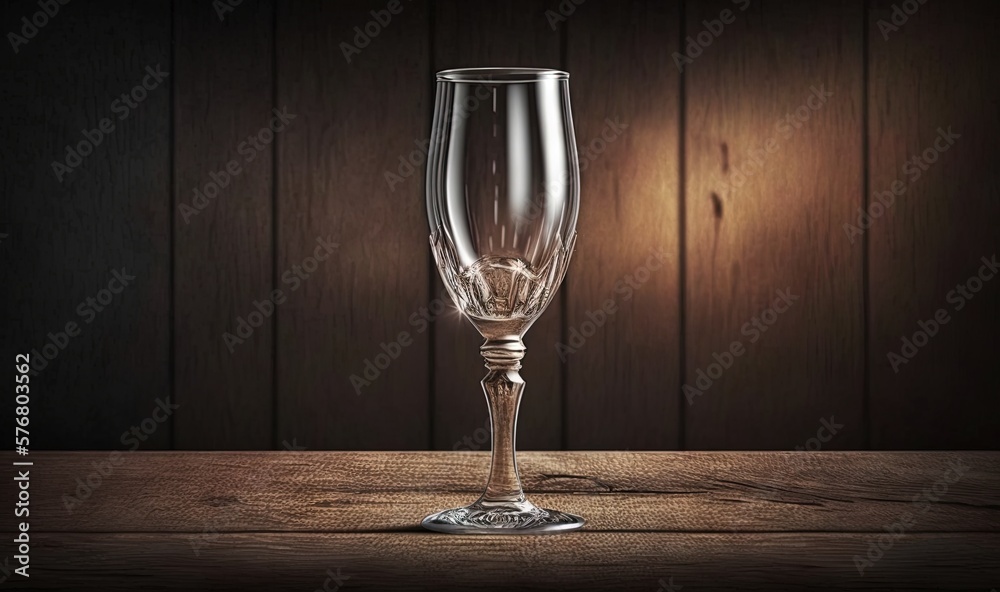  a wine glass sitting on top of a wooden table next to a light bulb in a dark room with a wooden wal