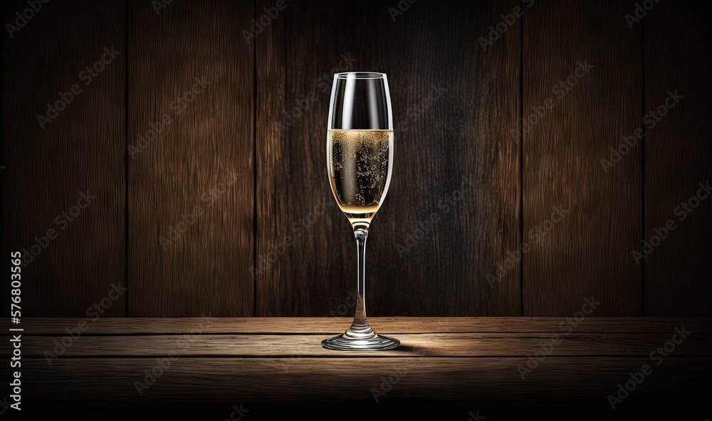  a glass of champagne sitting on a wooden table next to a wooden wall with a wooden floor and a wood