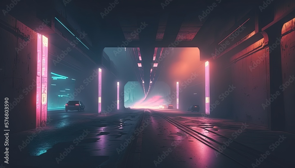  a car driving through a tunnel with neon lights on the ceiling and a car driving through the tunnel