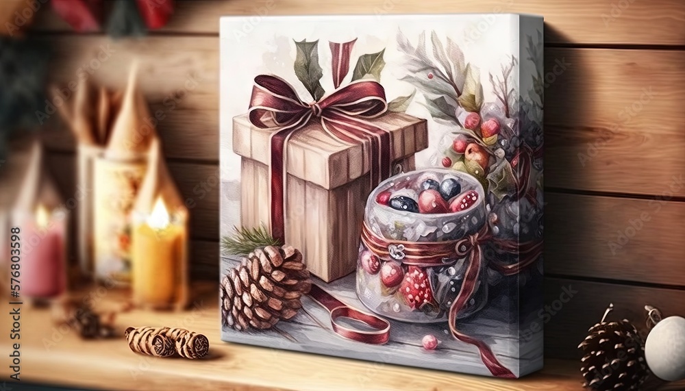  a painting of a christmas present on a mantle with candles and decorations around it and a pine con