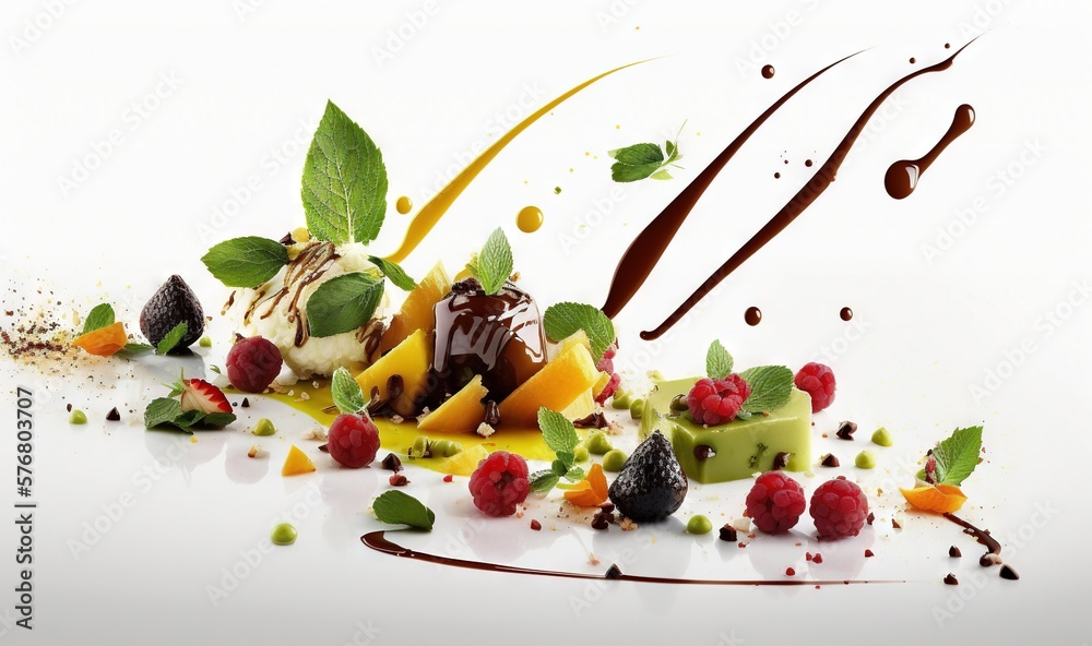  a white plate topped with fruit and ice cream next to chocolate sauce and a leafy design on top of 