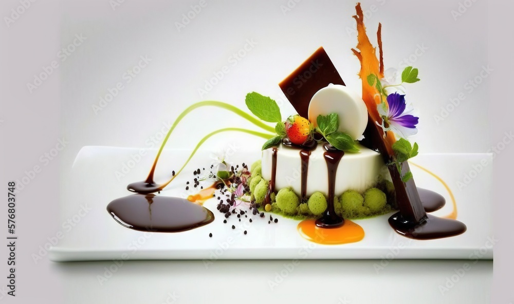  a white plate topped with a cake covered in chocolate sauce and fruit slices and garnished with lea