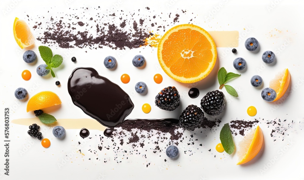  a piece of chocolate cake surrounded by fruit and chocolate shaving on a white surface with leaves 