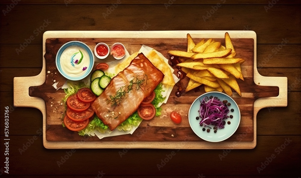  a wooden cutting board topped with a fish and french fries next to a bowl of salad and a plate of f