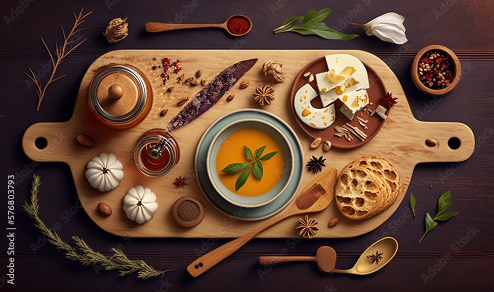  a wooden platter filled with different types of food on top of a wooden table next to a spoon and a