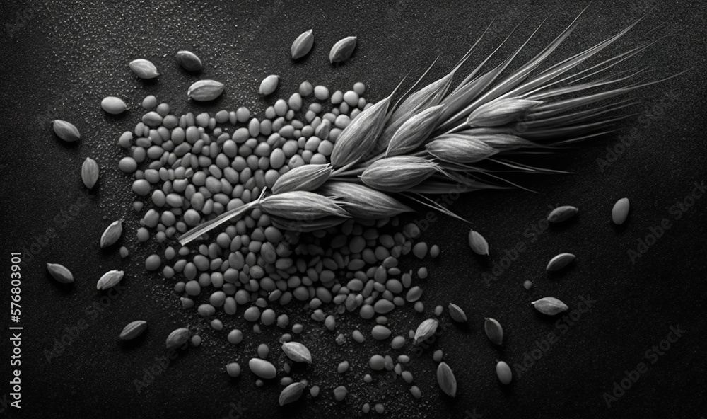  a black and white photo of seeds and a stalk of wheat on a black background with a grain of wheat i