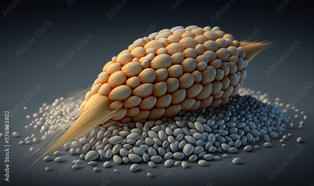  a corn on the cob is surrounded by white beans and a black background with a gray background and a 