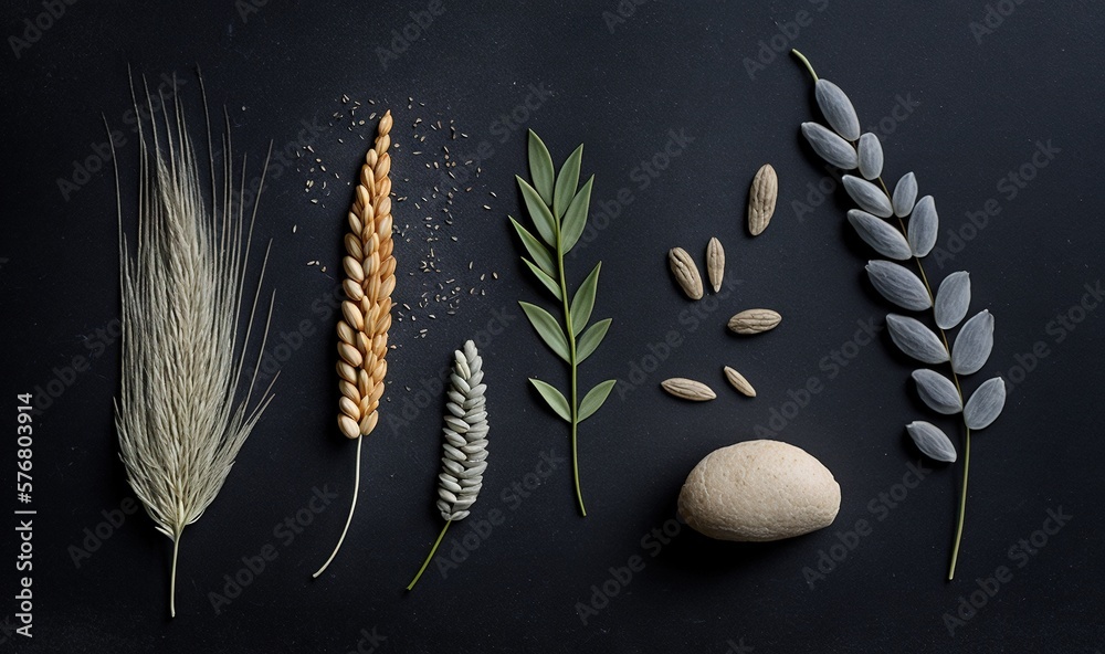  a collection of different types of food on a black surface with leaves and grains on it, including 