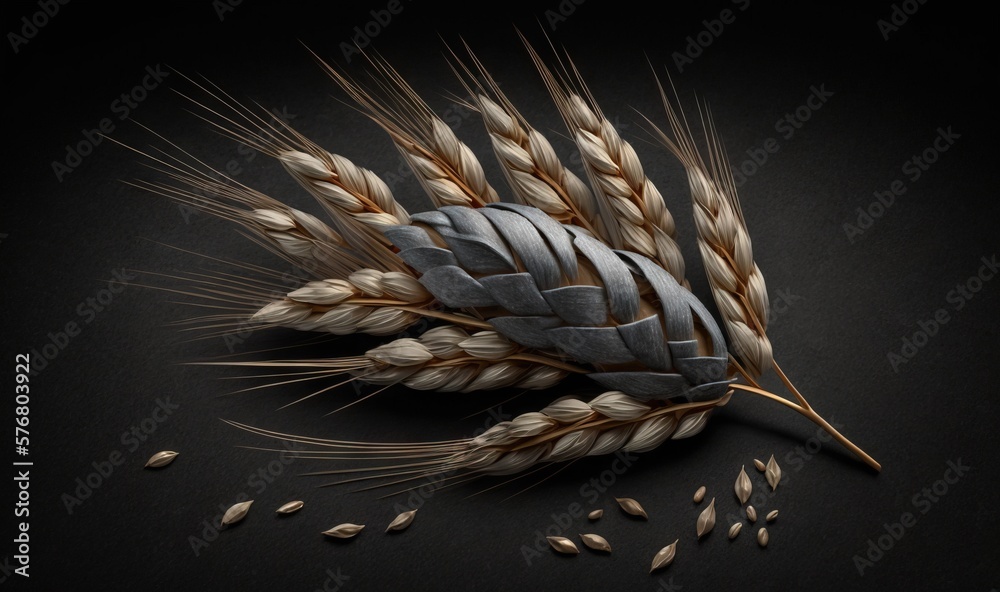  a close up of a bunch of wheat on a black background with grains scattered around it and a single s