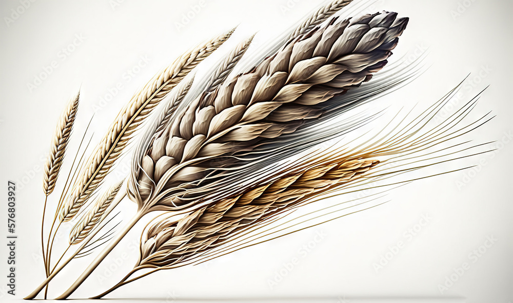  two stalks of wheat on a white background with a light reflection on the surface of the image and t