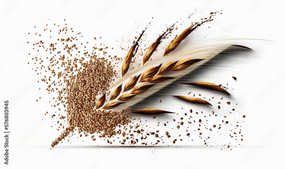  a bunch of grain and grains on a white background with a splash of brown on the top of the grain an