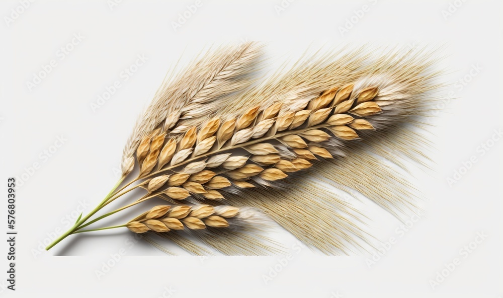  two stalks of wheat on a white background with a reflection of the grain on the side of the image a