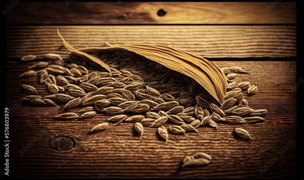  a pile of wheat on a wooden table with a grain of wheat in the middle of the frame and a book in th