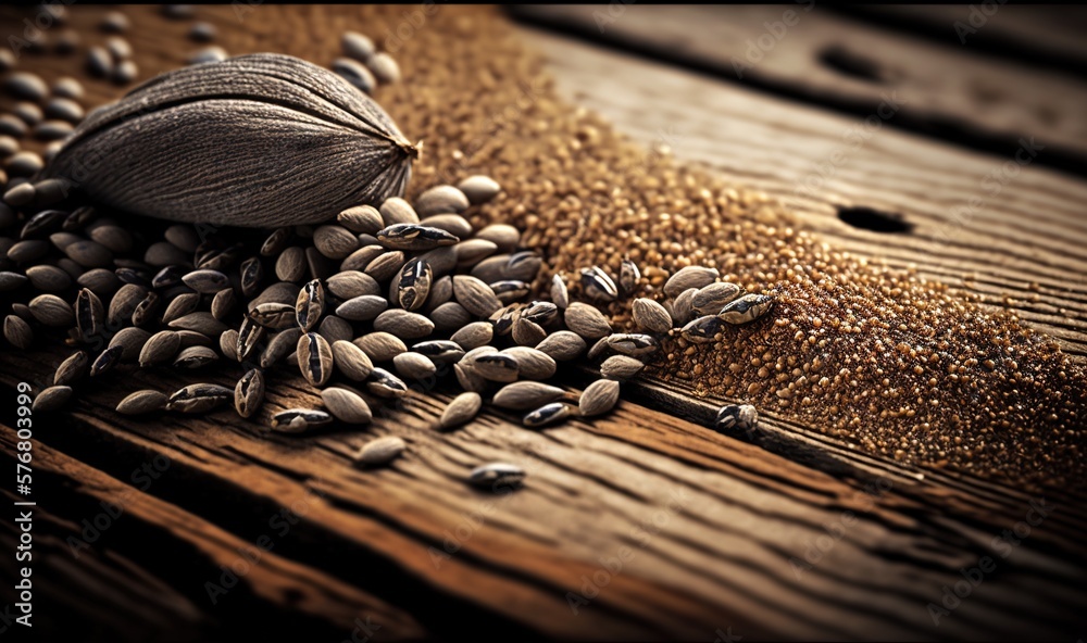  a pile of nuts sitting on top of a wooden table next to a pile of seed seeds on top of a wooden tab