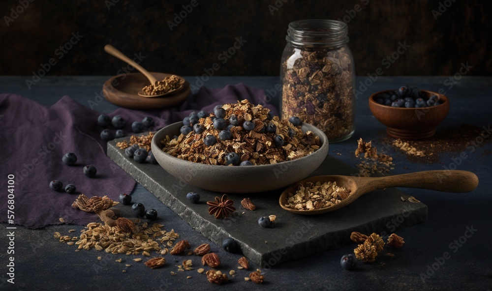  a bowl of granola with blueberries and blueberries on a slate slab next to a jar of granola and a w