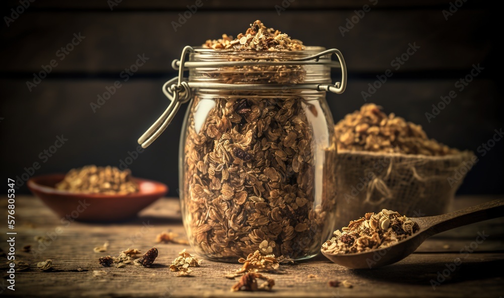  a glass jar filled with granola next to a bowl of granola on a table next to a spoon and bowl of gr