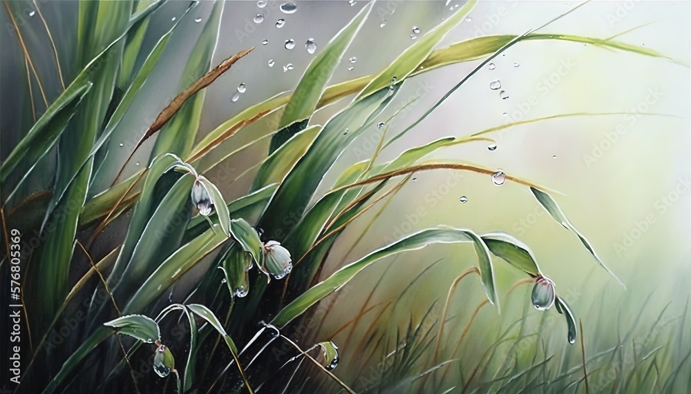  a painting of grass and water drops on a sunny day with a blue sky in the background and a green fi