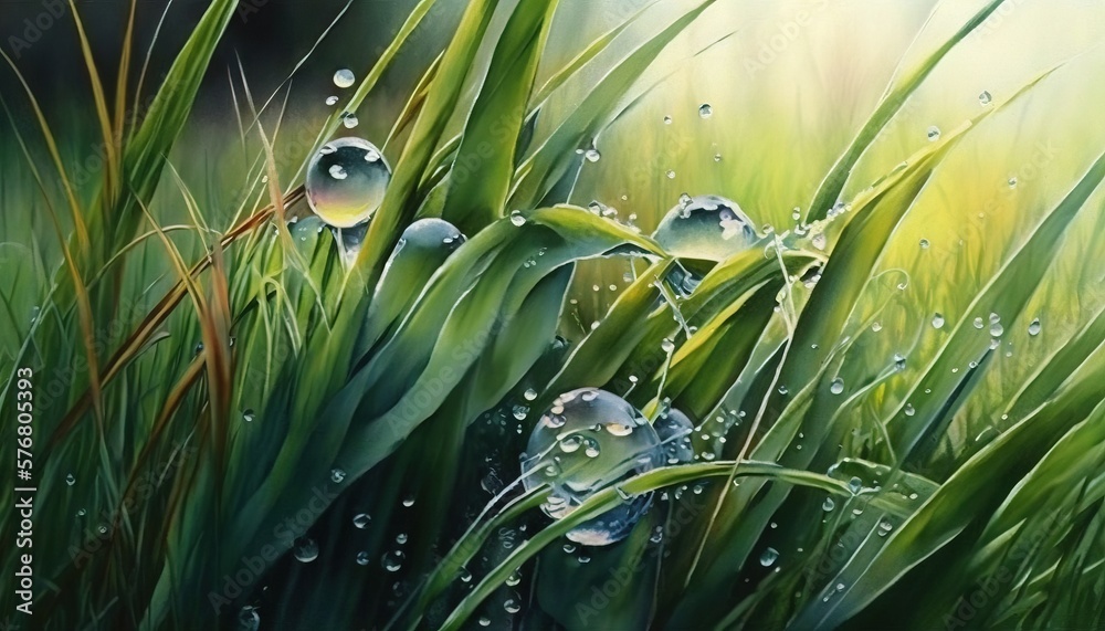  a painting of grass with water droplets on its leaves and grass in the foreground, with sunlight s