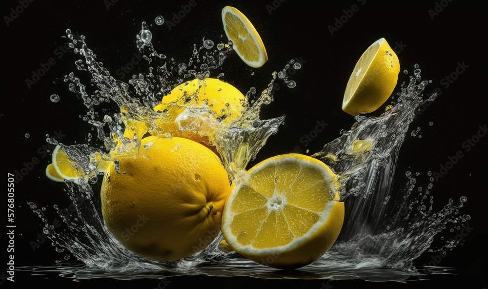  a bunch of lemons are splashing into the water with their tops still on the water and the whole lem