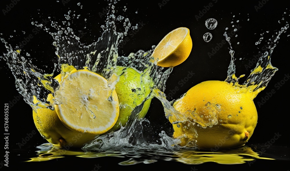  a splash of water on two lemons and one is falling into the water and the other two are on the same