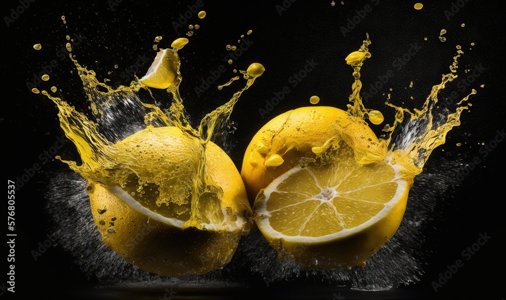  a couple of lemons that are in the air with water splashing on them and one of them is cut in half 