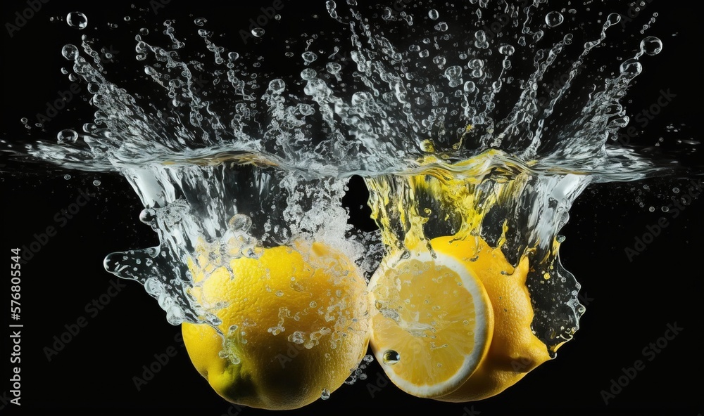  a splash of water on two lemons and a lemon on the other side of the image, with the lemons in the 