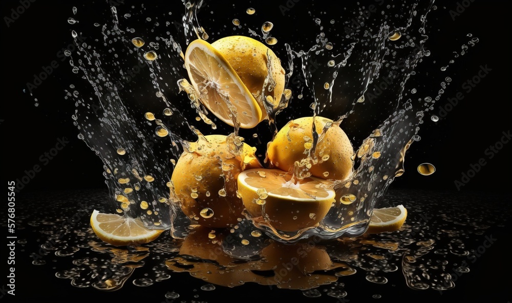  a group of lemons with water splashing around them on a black background with a black background an