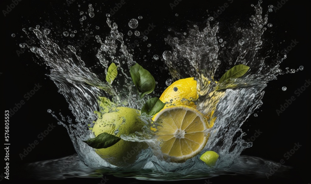  a splash of water with lemons and limes on a black background with a splash of water on the top of 