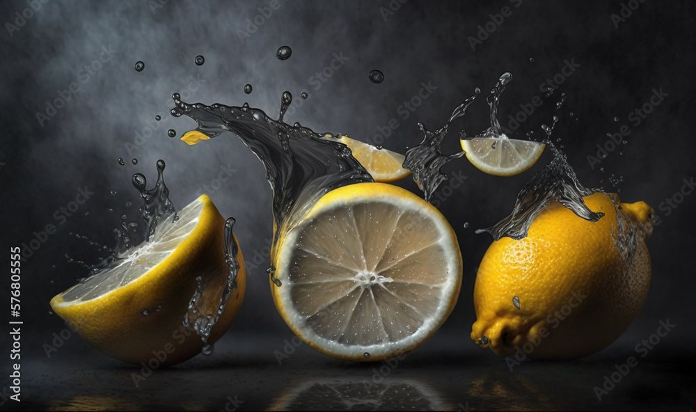  a group of lemons with water splashing out of the top and one cut in half on a black background wit