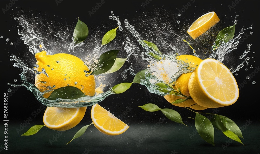  two lemons are splashing into the water with green leaves and leaves on the top of the image and th