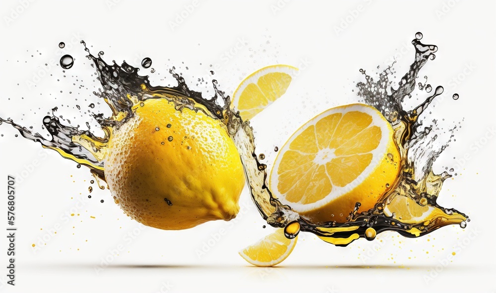  an orange is splashing into the water with a slice of lemon in the middle of the image and a whole 