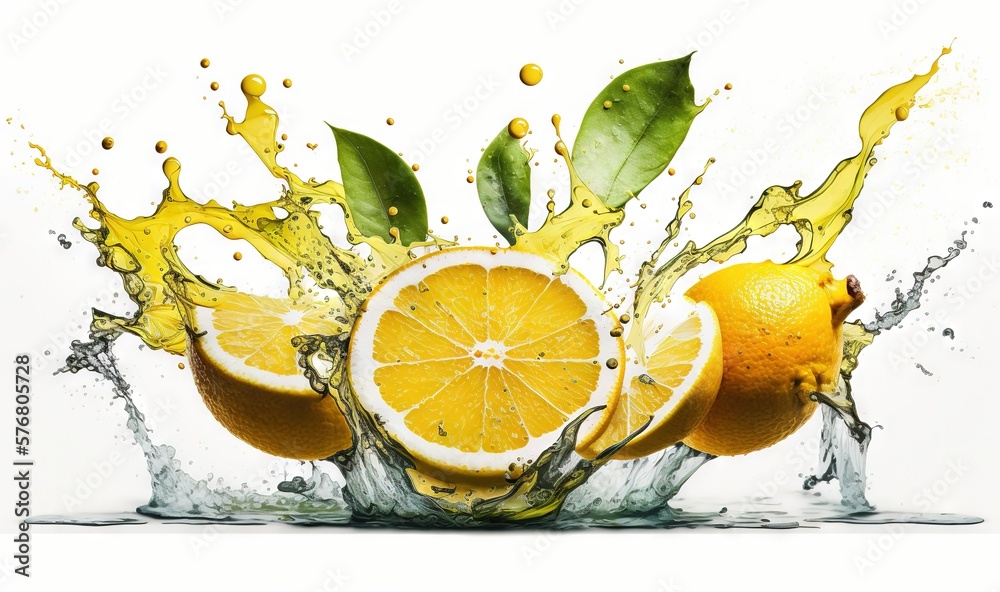  a group of oranges with splashing water on them and green leaves on top of the oranges and leaves o