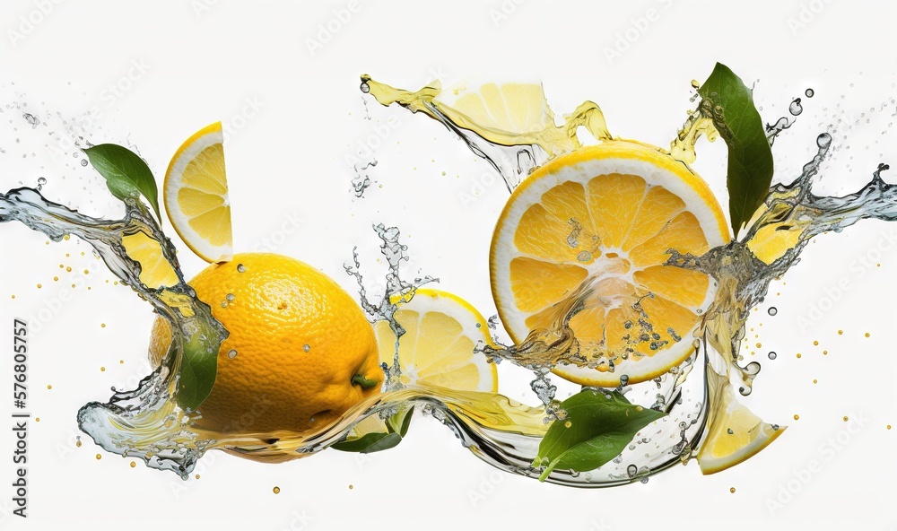  a group of lemons with water splashing around them on a white background with a splash of water on 