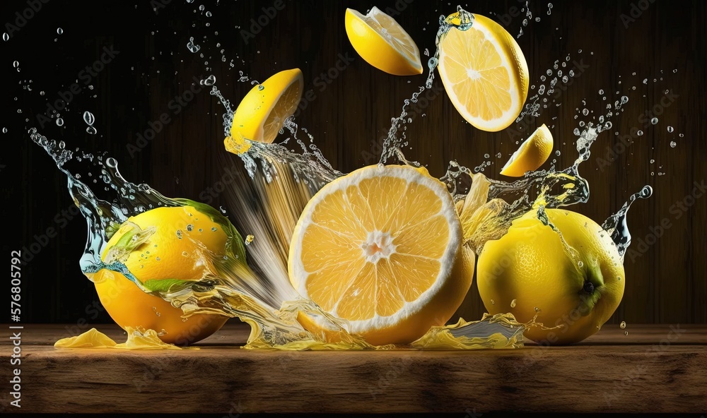  a group of lemons are splashing into water on a wooden surface with a dark background and a wooden 