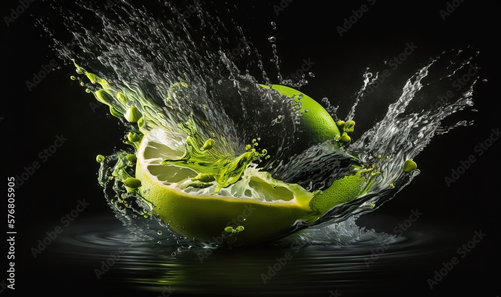  a lime is splashing into the water with its green leaves and leaves on the top of it, and the water