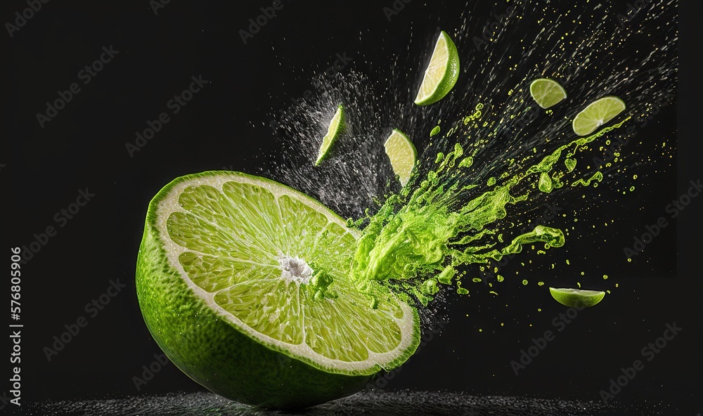  a lime being splashed with green juice with other limes in the background and water splashing out o