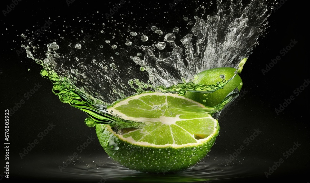  a lime being dropped into water with a splash of water on top of the fruit and its slices and the 