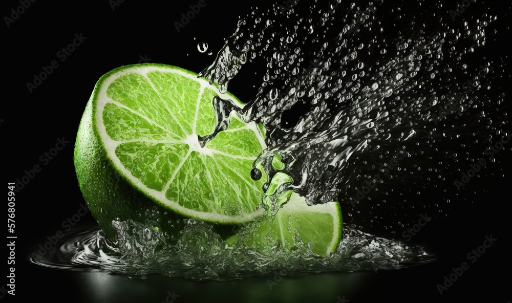  a lime being dropped into water on a black background with a splash of water on the top of the lime