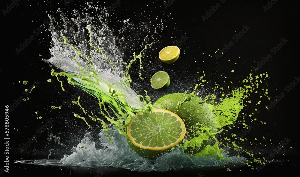  a splash of green juice with a lime and a slice of lime on a black background with splashes of gree