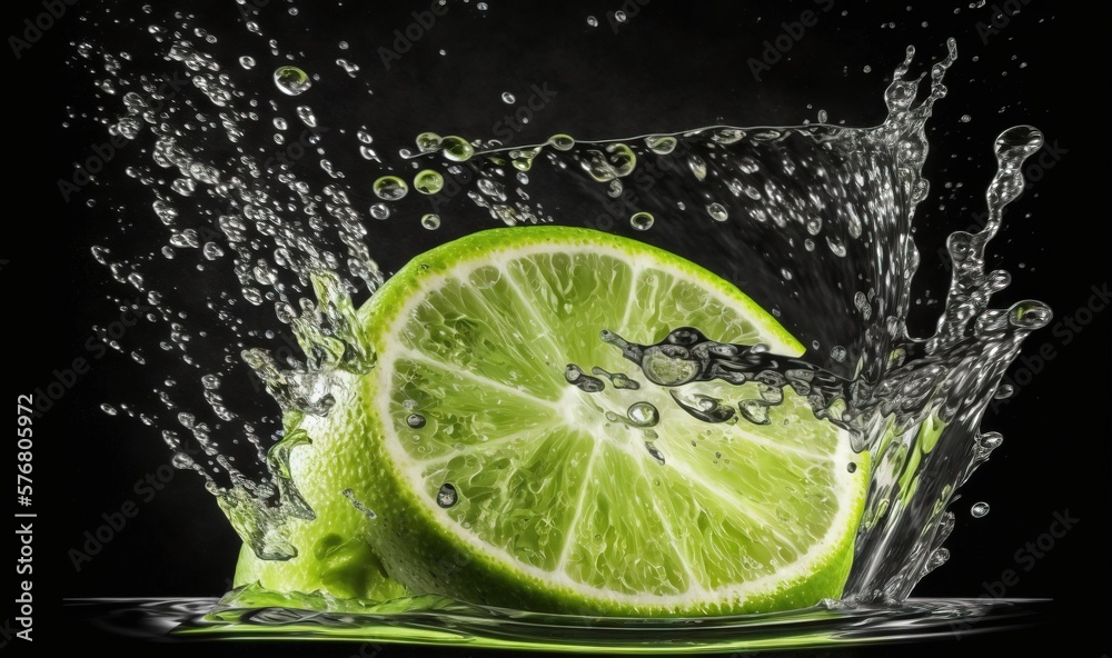  a slice of lime being dropped into water with a splash of water on the top of it and a slice of lim